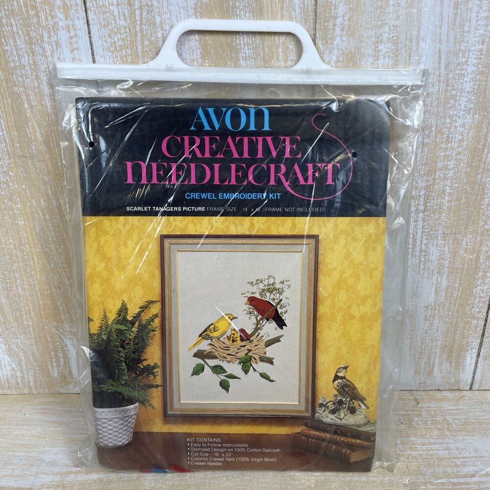 NOS Vintage 70’s Avon Creative Needlecraft Crewel Kit Scarlet Tanagers Bird